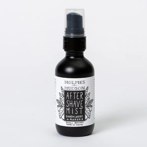 Alcohol-free, all-natural after shave in a black bottle with a black and white label