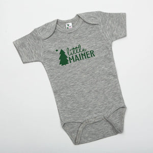 Gray Little Mainer Bodysuit for babies, soft fabric with snap closures, featuring the Little Mainer logo on the front.