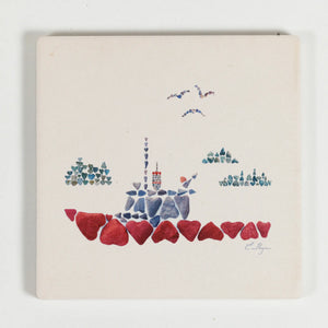 Love Rocks Me coaster featuring a colorful lobster boat design, perfect for protecting surfaces with nautical charm.