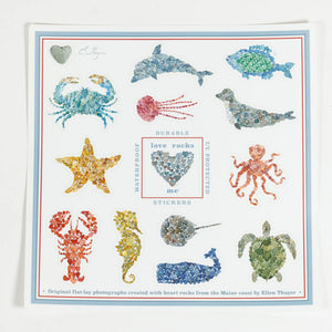 Colorful Love Rocks Me sticker sheet featuring sea life illustrations and decorative designs on a white background.