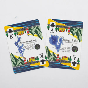 Maine Lakes & Islands Playing Cards by Maine Towns featuring colorful illustrations of Maine's lakes and islands.