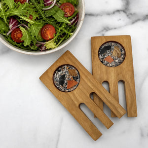 Maine Shellware Birch Salad Tossers with lobster, mussel, and clam designs, made of natural wood for seafood-themed salads.