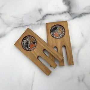 Maine Shellware Birch Salad Tossers with lobster and shellfish design, crafted for serving salads in natural wood finish.