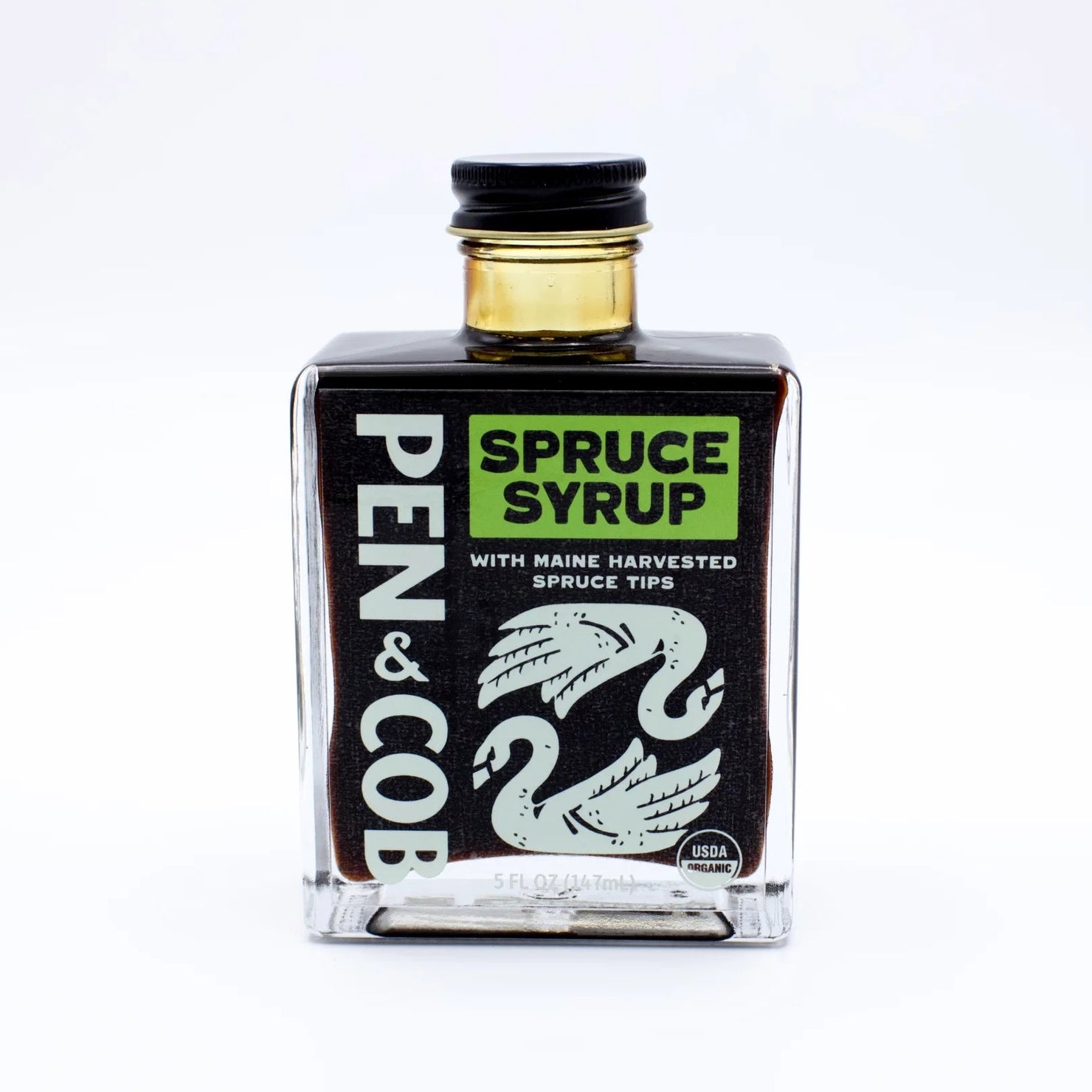 Pen and Cob Spruce Syrup bottle front view, showcasing the label and packaging of this natural maple syrup product.