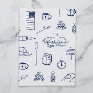 Reclaimed Maine Co. Maine Life tea towel with outdoor adventure design, featuring scenic Maine landscapes and nature motifs.