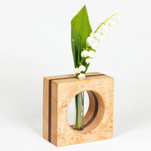 S.E. Hall Furniture bud vase in birdseye maple and walnut with a sleek, modern design and smooth finish.