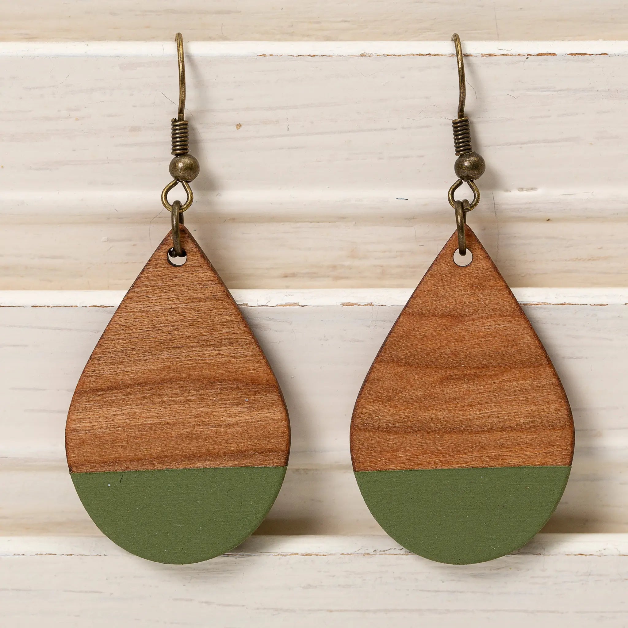 Genuine Leather and Wood Earrings - Embossed Green - Amy Anne Apparel