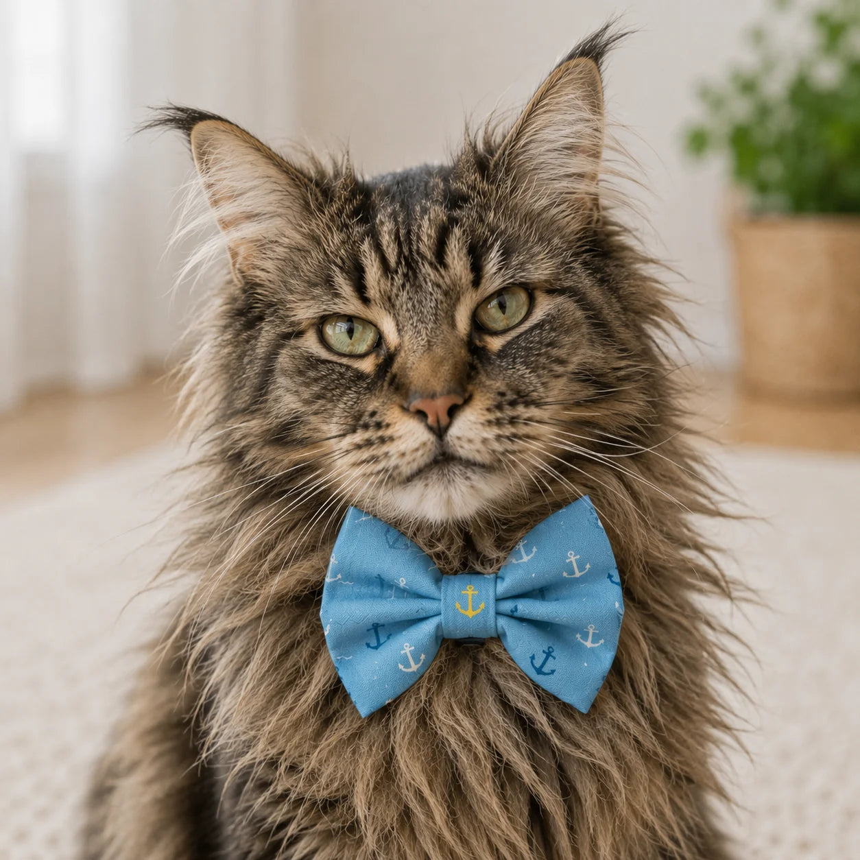 Blue anchor pet bow from Tealight Studios featuring a charming design, attached to a cat’s collar for a stylish look.