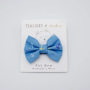 Tealight Studios pet bow featuring a nautical anchor design, made of fabric, perfect for accessorizing small pets or dogs.