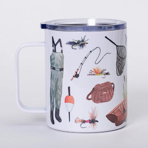 Muddy Dog watercolor design insulated mug with fishing scene, double-wall stainless steel, and a secure lid for hot and cold drinks.