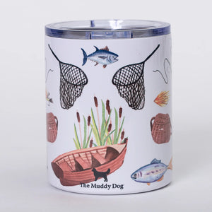 Muddy Dog watercolor design insulated mug featuring a fishing scene with vibrant colors and a sturdy handle.