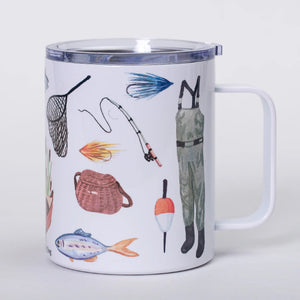 Muddy Dog watercolor design insulated mug with fishing scene, double-walled stainless steel, and a comfortable handle.