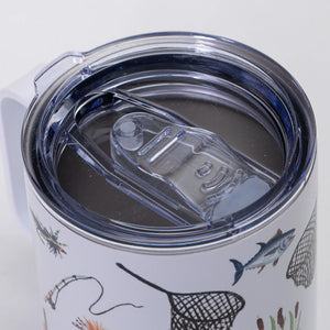 Muddy Dog watercolor design insulated mug featuring a fishing scene with vibrant colors and a sturdy handle.
