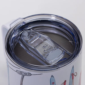 Muddy Dog watercolor design insulated mug with mountain slope artwork, stainless steel interior, and black handle.