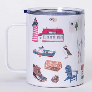 Muddy Dog watercolor design insulated mug featuring a Maine-themed nature scene in vibrant colors.