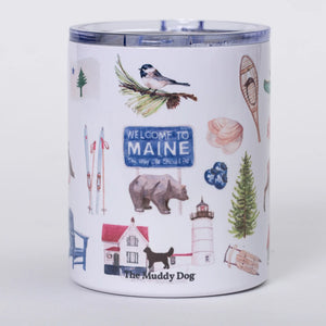 Muddy Dog insulated mug featuring watercolor Maine forever design with scenic coastal artwork on a ceramic mug.