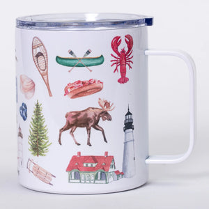 Muddy Dog watercolor design insulated mug with Maine Forever artwork, featuring a vibrant, artistic water-themed pattern.