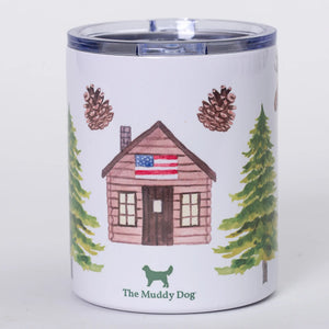 Muddy Dog watercolor design insulated mug featuring North Woods illustration, with a ceramic exterior and stainless steel interior.