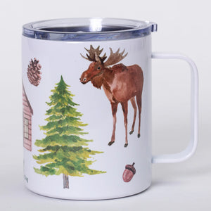 Muddy Dog watercolor design insulated mug featuring North Woods scene with trees and wildlife on a ceramic mug.