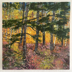Encaustic painting workshop scene with trees, vibrant colors and artistic brushwork, led by Down East Adventures.