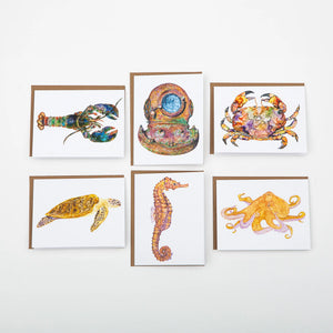 Set of Valerie Paul Coastal Collection note cards with ocean-inspired designs on white paper, perfect for stationery and greeting cards.