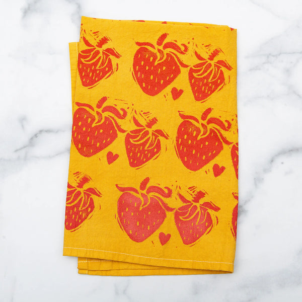 Hand-Stamped Strawberries Tea Towels