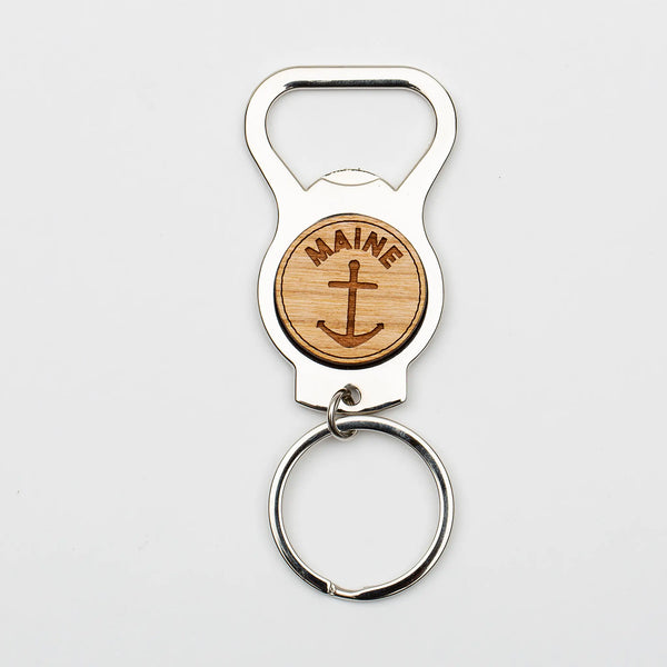 163 Design Company metal keyring with attached metal bottle opener with wooden middle with the word MAINE and an anchor