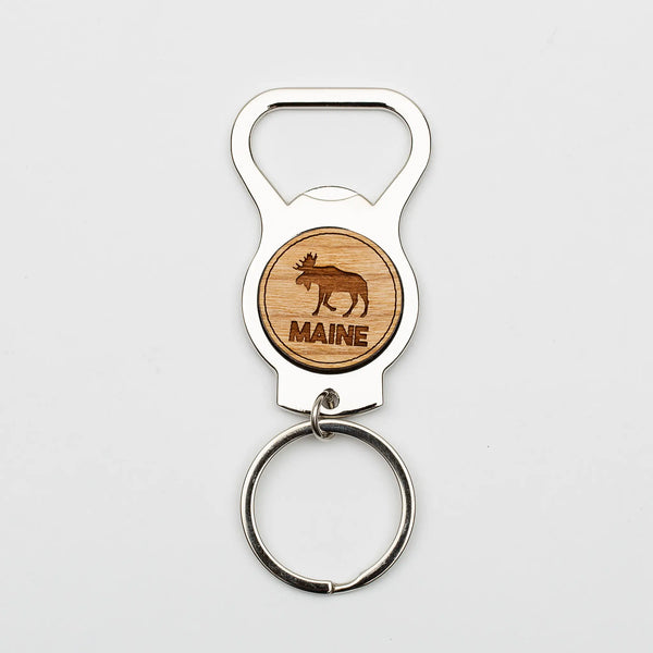 163 Design Company metal keyring with attached metal bottle opener with wooden middle with a moose and the word MAINE