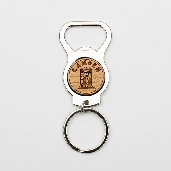 163 Design Company metal keyring with attached metal bottle opener with wooden middle with the word CAMDEN and the Mount Battie Tower