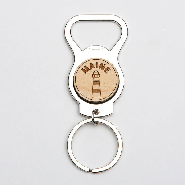 163 Design Company metal keyring with attached metal bottle opener with wooden middle with the word MAINE and a lighthouse