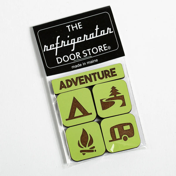 163 Design Company adventure magnet set includes 5 piece painted green wood magnets word adventure, tent, road with pine tree, campfire, and camper