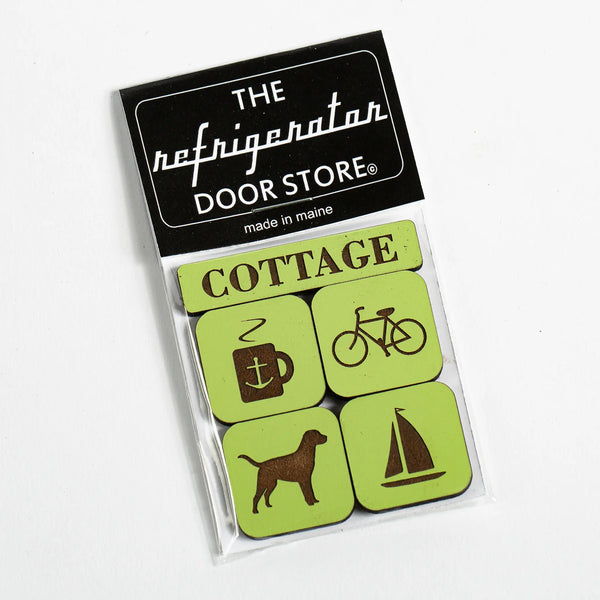 163 Design Company cottage magnet set includes 5 piece painted green wood magnets word cottage, anchor mug, bicycle, labrador dog, and sailboat