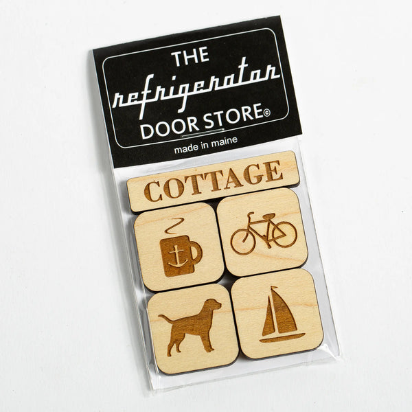 163 Design Company cottage magnet set includes 5 piece natural wood magnets word cottage, anchor mug, bicycle, labrador dog, and sailboat