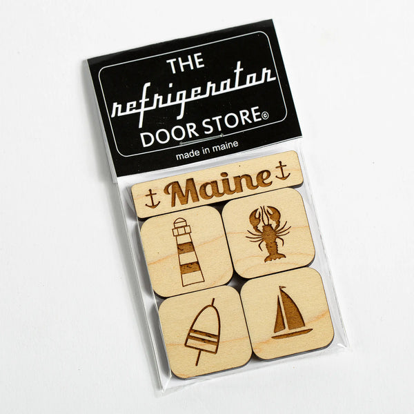 163 Design Company Maine magnet set includes 5 piece natural wood magnets word Maine, lighthouse, lobster, lobster buoy, and sailboat