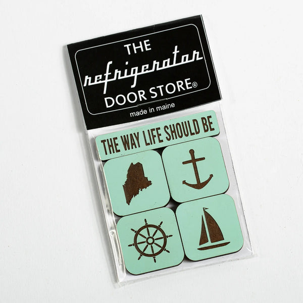163 Design Company The Way Life Should Be magnet set includes 5 piece painted baby blue wood magnets word The Way Life Should Be, state of Maine, anchor, ships wheel, and sailboat