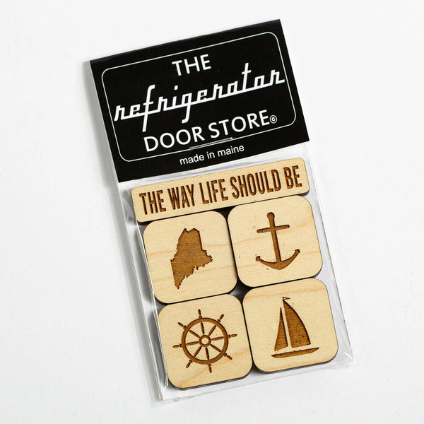 163 Design Company The Way Life Should Be magnet set includes 5 piece natural wood magnets word The Way Life Should Be, state of Maine, anchor, ships wheel, and sailboat