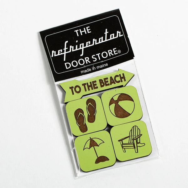 163 Design Company To the Beach magnet set includes 5 piece painted green wood magnets To the Beach arrow, flip flops, beach ball, sand umbrella, and beach chair