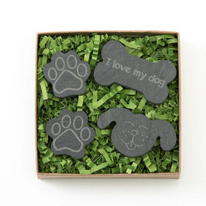A&E Stoneworks two dog paw prints, dog bone with  words I love my dog , and dog face shaped slate magnet set