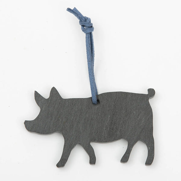 A&E Stoneworks pig shaped slate ornament with rawhide hanger