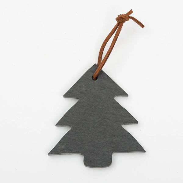 A&E Stoneworks pine tree shaped slate ornament with rawhide hanger