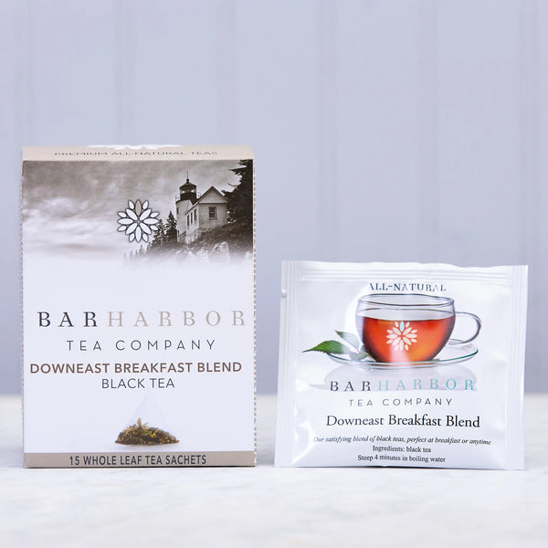 Bar Harbor Tea Company boxed Downeast Breakfast Blend black tea with a packaged tea bag beside it