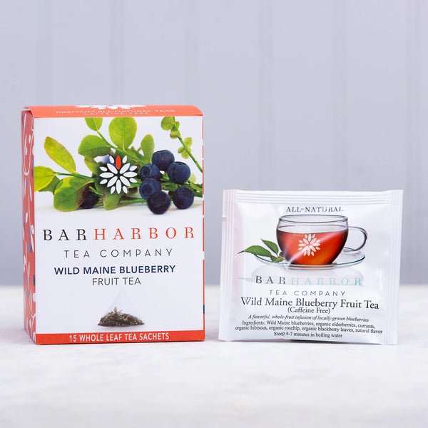 Bar Harbor Tea Company boxed Wild Maine Blueberry fruit tea with a packaged tea bag beside it
