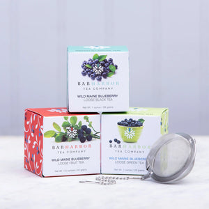 Bar Harbor Tea Company gift set of small boxes of Wild Maine Blueberry loose black, fruit, and green tea with a wire mesh tea ball
