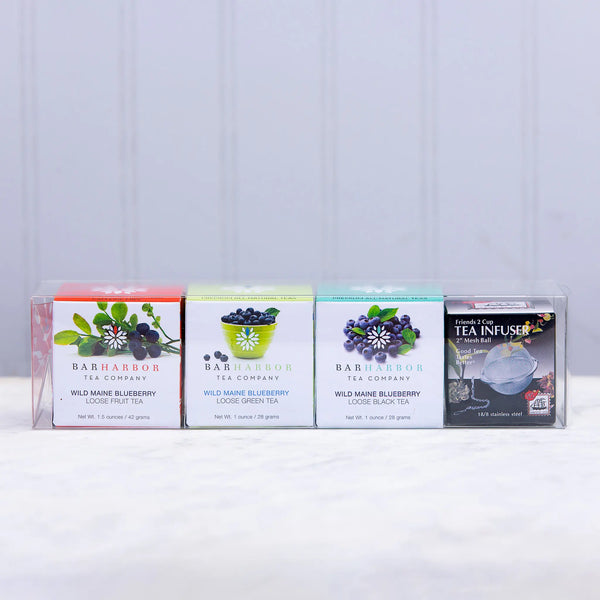 Bar Harbor Tea Company gift set of small boxes of Wild Maine Blueberry loose black, fruit, and green tea with a boxed wire mesh tea ball enclosed in a plastic box for gift giving