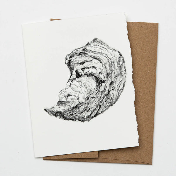 Beeyond Hope Farm charcoal illustration of a Weskeag oyster on a blank ivory colored greeting card with matching kraft paper envelope
