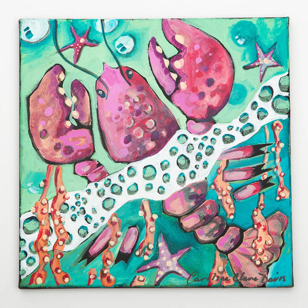 Caroline Clare Davis painting on black canvas of a pinkish and light red lobster, sea foam, starfish, seaweed, and bubbles with green background