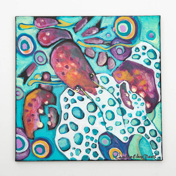 Caroline Clare Davis painting on black canvas of a purple and red lobster, sea foam, seaweed, and bubbles with seafoam green background