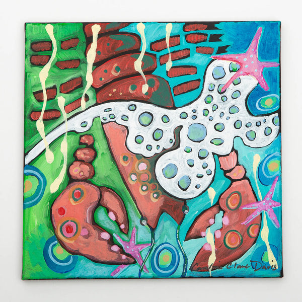 Caroline  Clare Davis painting on black canvas of a light red lobster, sea foam, starfish, waves, and bubbles with blue and green background