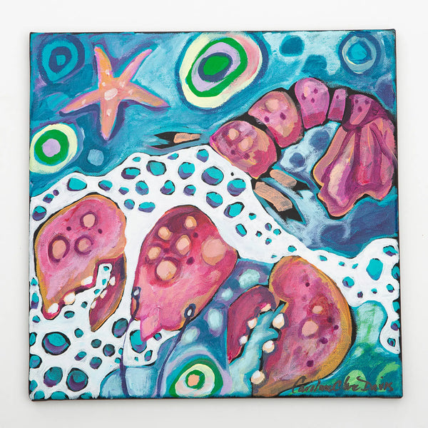Caroline Clare Davis painting on black canvas of a pinkish lobster, sea foam, starfish, and bubbles with blue background
