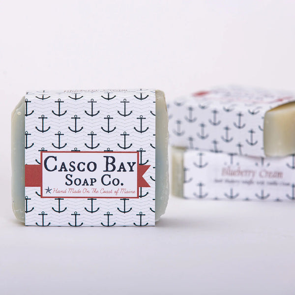 Casco Bay Soap Company bar of blueberry cream soap with anchor design wrap